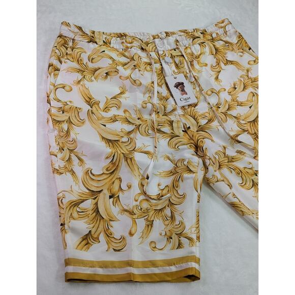 Gold 44W Baroque Style Print Elastic,Button, & Zip Shorts by Cigar Couture - Picture 2 of 11
